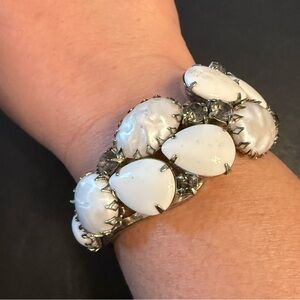 Vintage Milk Glass Rhinestone Clamp Bracelet Gorgeous